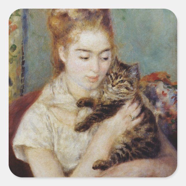 Adesivo Quadrado Mulher com gato por Pierre-Auguste Renoir (Frente)