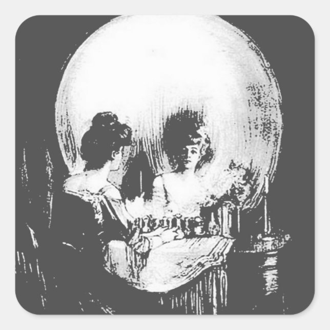 Adesivo Quadrado Mulher com Reflexão do Crânio Halloween Espelhada (Frente)