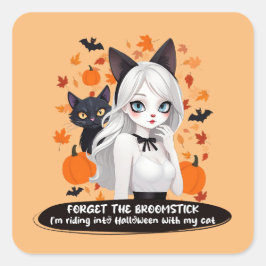 Adesivo Quadrado Mulher de anime com gato preto.