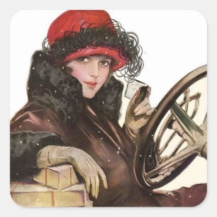 Adesivo Quadrado Mulher de Inverno Dirigindo no Natal Vintage