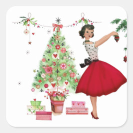 Adesivo Quadrado Mulher de Natal de 1950 com Árvore de Natal