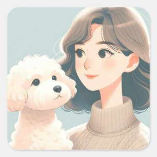Adesivo Quadrado Mulher do Cartoon Moderno e seu Cão Bichon Frisé