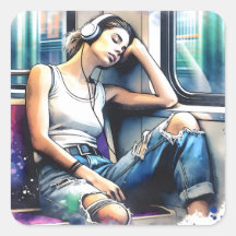 Mulher dormindo no metrô ouvindo música