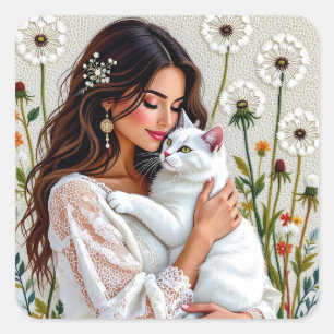 Adesivo Quadrado Mulher e Gato Branco e Dandelions 