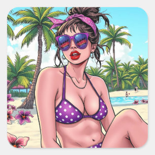 Adesivo Quadrado Mulher em Bikini e Bandanna na praia