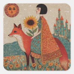 Adesivo Quadrado Mulher Fantástica Surreal e sua Raposa Vermelha