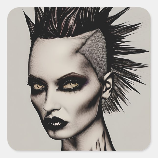 Adesivo Quadrado Mulher feroz em Mohawk e Piercings Gothic Punk (Frente)