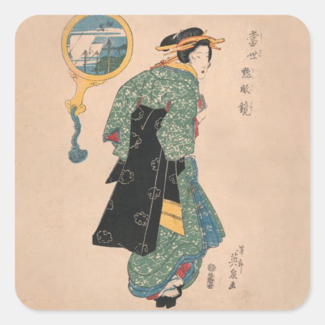 Adesivo Quadrado Mulher Kimono japonesa: Ukiyo-e Woodblock Impressã (Frente)