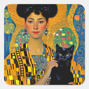 Adesivo Quadrado Mulher Klimptesca e Gato Negro