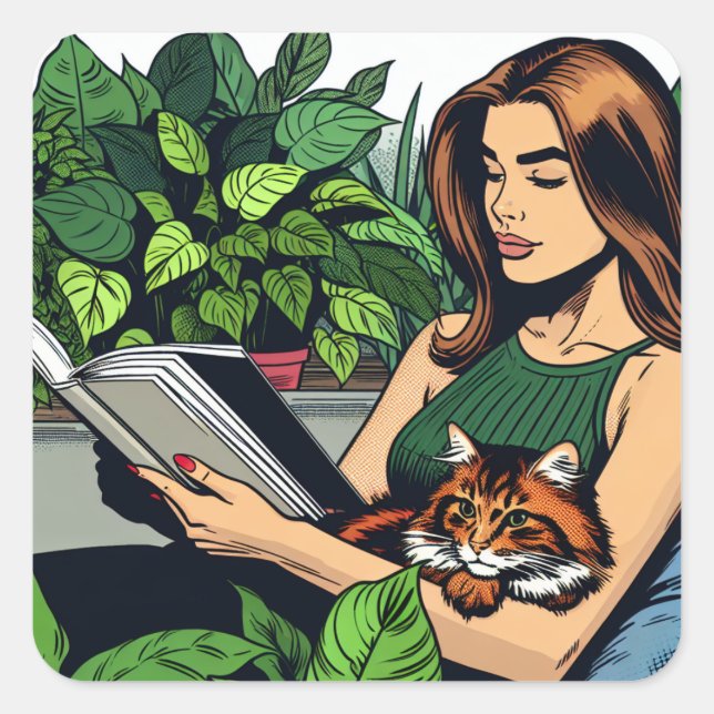 Adesivo Quadrado Mulher lendo um livro com um gato no colo (Frente)