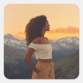 Adesivo Quadrado Mulher Marrom olhando as montanhas