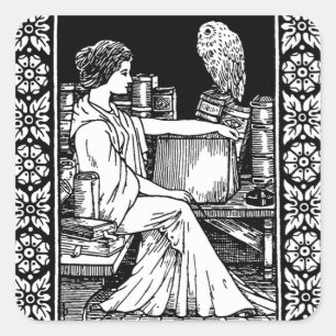 Adesivo Quadrado Mulher Mística com Coruja, Livros e Biblioteca Clá
