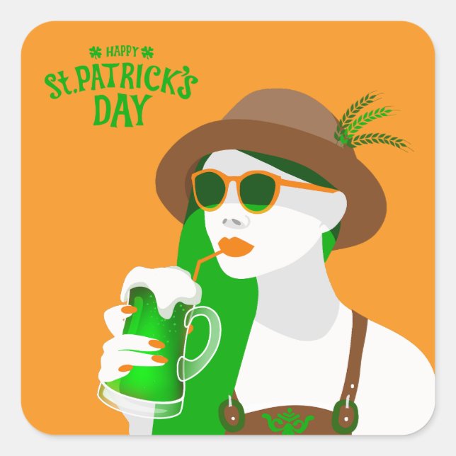 Adesivo Quadrado Mulher na moda com Cerveja Verde - Rua. Dia de Pat (Frente)