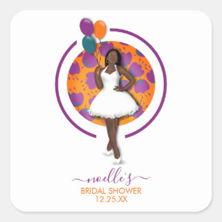 Adesivo Quadrado Mulher Negra, Balões e Flores de Chá de Aniversári