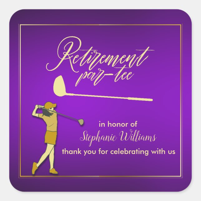 Adesivo Quadrado Mulher Ouro Púrpura Clássica do Partido Golfe de R (Frente)