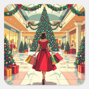 Adesivo Quadrado Mulher Retro Fazendo Compras de Natal no Meio do S