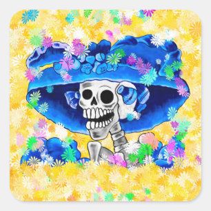 Adesivo Quadrado Mulher Rindo de Skeleton em Blue Bonnet em amarelo