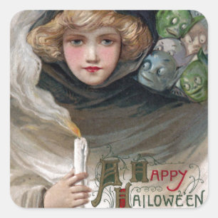 Adesivo Quadrado Mulher segurando vela e Goblins Vintage Halloween