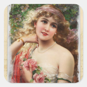 Adesivo Quadrado Mulher vitoriana com viciados em rosas rosa