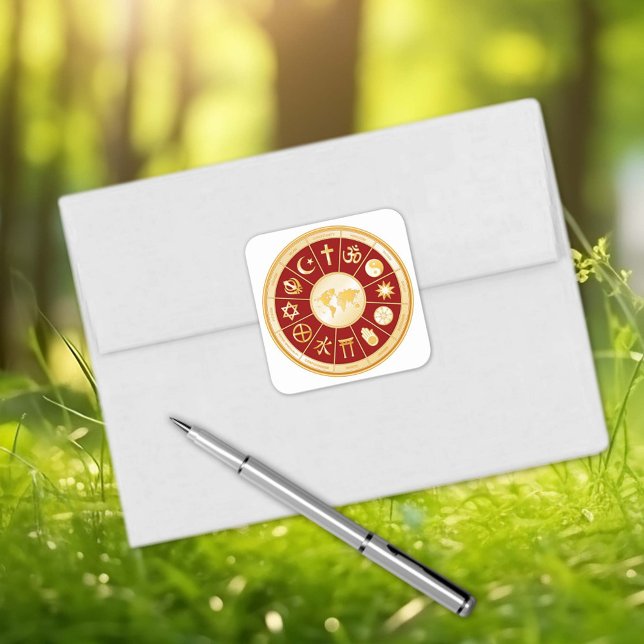 Adesivo Quadrado Mundo da Fé (World of Faith Square Sticker.
Gold symbols of international religions surround a world map. )