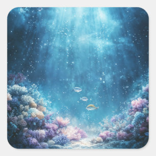 Adesivo Quadrado Mundo de Coral Iluminado pelo Sol com Peixes Tropi