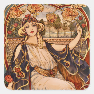 Adesivo Quadrado Musa do Crisântemo Dourado – Floral Art Nouveau
