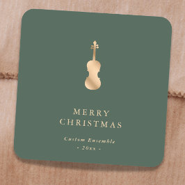 Adesivo Quadrado Música de Violino Natal Verde Elegante Dourado