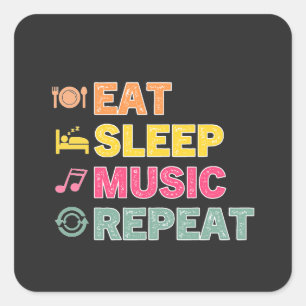 Adesivo Quadrado MÚSICA EAT SLEEP REPEAT fofo retro musical do aman