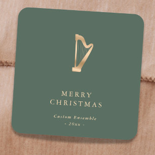 Adesivo Quadrado Música Elegante Harpa de Ouro Natal Verde