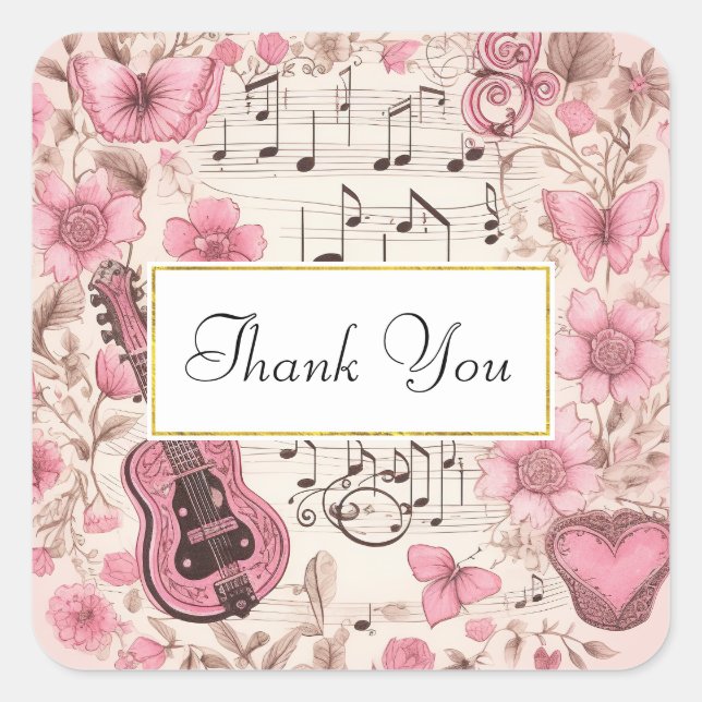 Adesivo Quadrado Música Notas e Flores Estilo Retroativo Obrigado (Frente)