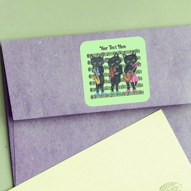 Adesivo Quadrado Musical Black Cats on Sheet of Music Instruments (Musical black cats playing instruments on sheet of black music notes on green sticker.)