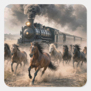 Adesivo Quadrado Mustangs Selvagens Correndo ao Lado de Trem Antigo