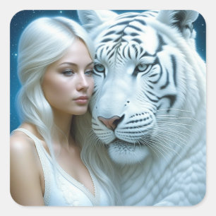 Adesivo Quadrado Mystical White Tiger e Mulher