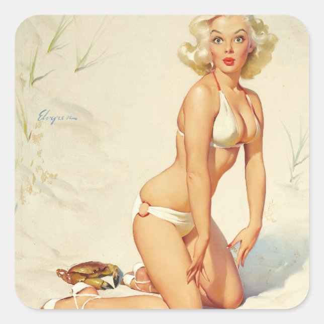 Adesivo Quadrado Na Beach Retro Pin-up Girl (Frente)