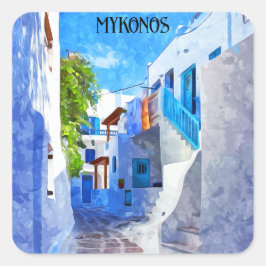Adesivo Quadrado Na moda Azul Branco Mykonos Grécia Watercolor