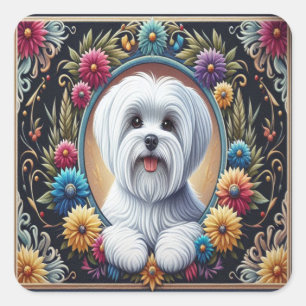 Adesivo Quadrado Na moda Maltês Cão Floral Colorida Fronteira