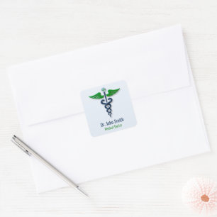 Adesivo Quadrado Na moda Médico Caduceus Verdes Asas Azuis