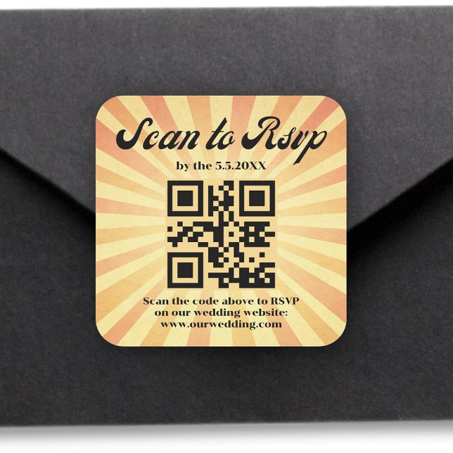 Adesivo Quadrado na moda retro orange laranja rsvp qr code casament (Criador carregado)