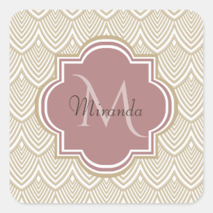 Adesivo Quadrado Na moda Tan Scallops Nome do Monograma Mauve