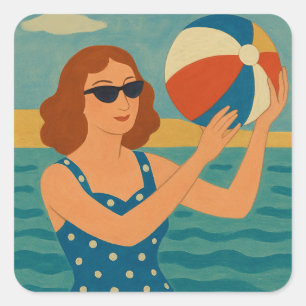 Adesivo Quadrado Nadador Vintage com Bola de Praia