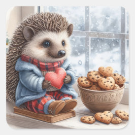 Adesivo Quadrado Namorados de Neve Adorável de Cookies Hedgehog
