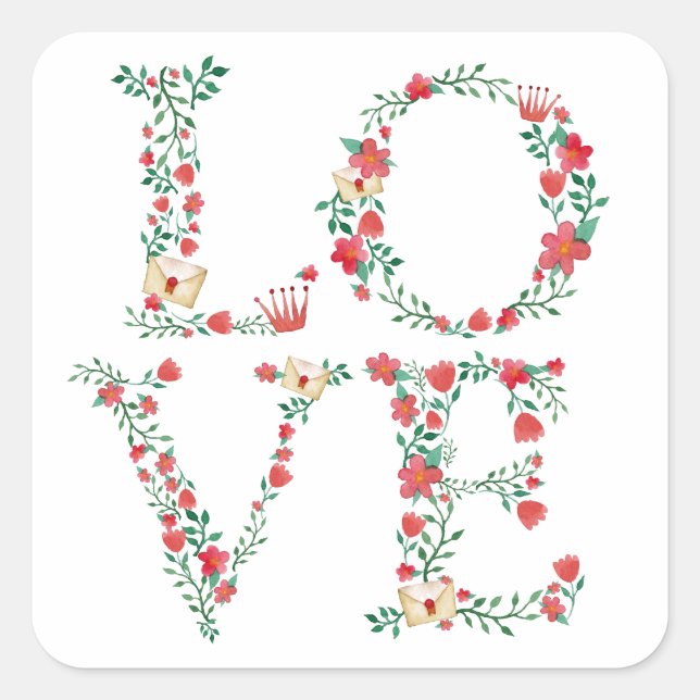 Adesivo Quadrado Namorados Floral LOVE Letters (Frente)