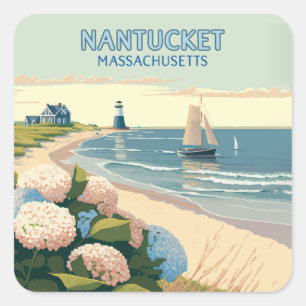 Adesivo Quadrado Nantucket Beach Hydrangeas Boat Retro