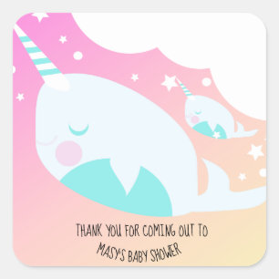 Adesivo Quadrado Narwhale Ombre Baby Shower Obrigado 