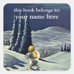 Adesivo Quadrado Natais vintages, Anjo da Neve Andando com uma Estr