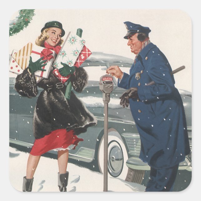 Adesivo Quadrado Natais vintages, Comprando Presentes Policiais (Frente)