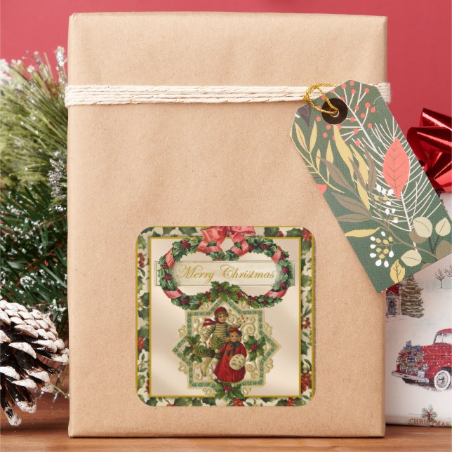 Adesivo Quadrado natais vintages Crianças de Férias (Feriado)