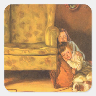 Adesivo Quadrado Natais vintages Crianças Esperando por Papai Noel