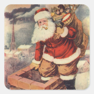 Adesivo Quadrado Natais vintages Papai Noel Vitoriano em Chaminé