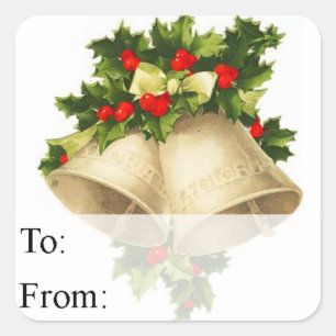 Adesivo Quadrado Natais vintages Sinos e Holly Gift